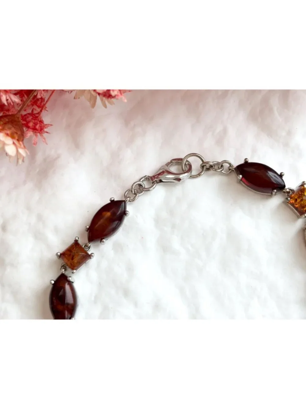 Natural Baltic Amber Marquise Chainlink Vintage Sterling Silver 925 Bracelet 7